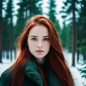 Young Woman with Red Hair in Snowy Forest