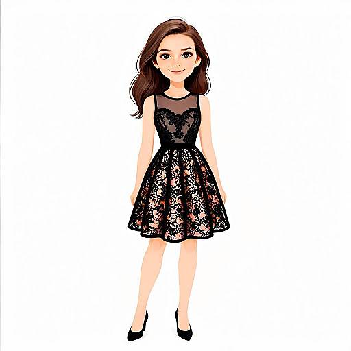 Modern Chic Woman in Black Lace Dress Digital Illustration