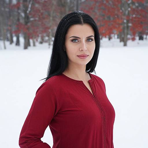 Confident Woman in Red Top Standing in Snowy Winter Park