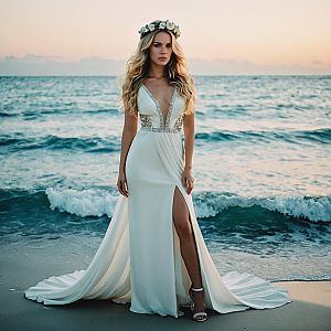 Woman in White Gown at Sunset Beach