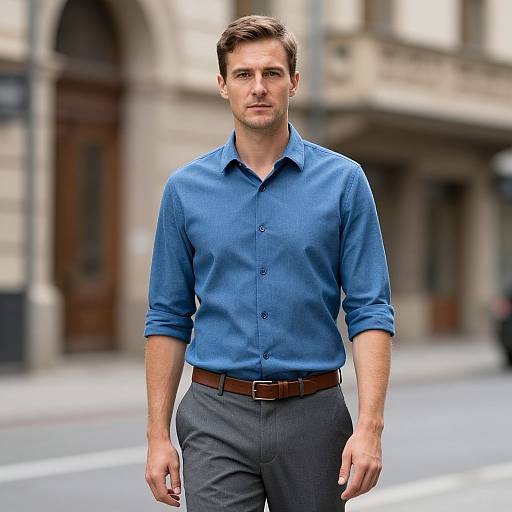 Young Man in Blue Shirt Walking on Urban Street