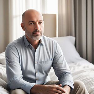 Contemplative Man in Hotel Room