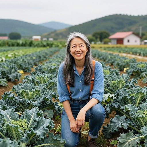 Woman in Blue Shirt Kneeling in Kale Field Outdoors with Mountain Background
