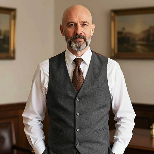 Confident Middle-Aged Man in Formal Attire with Gray Vest and Brown Tie