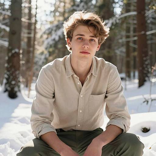 Young Man Sitting in Snowy Forest Outdoors Casual Winter Portrait