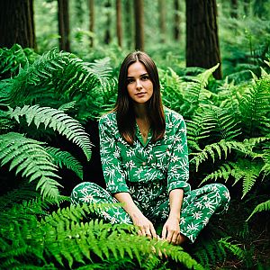 Young Woman in Green Outfit in Lush Forest