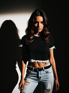 Woman in Street Style Cropped Black T-Shirt with Lace Detail and Ripped Jeans