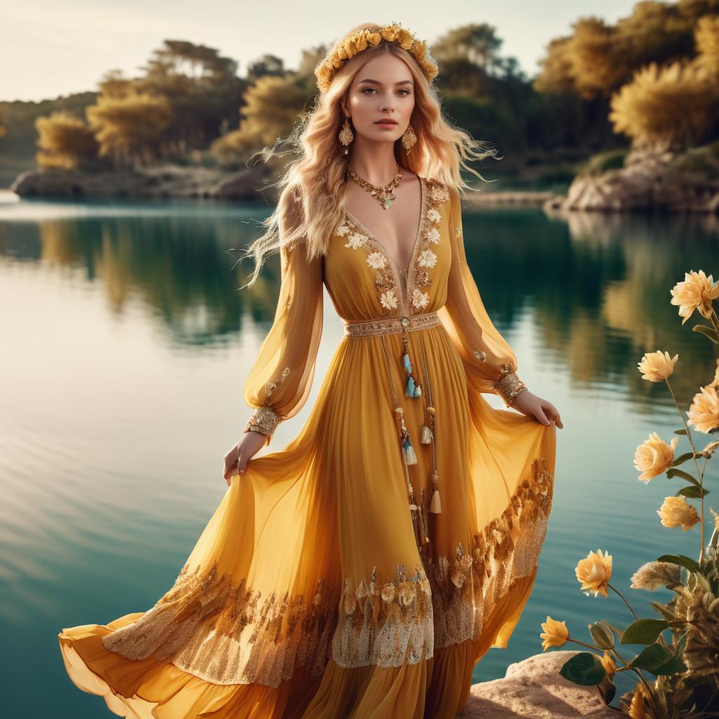 Elegant Woman in Mustard Yellow Bohemian Dress by Serene Lake