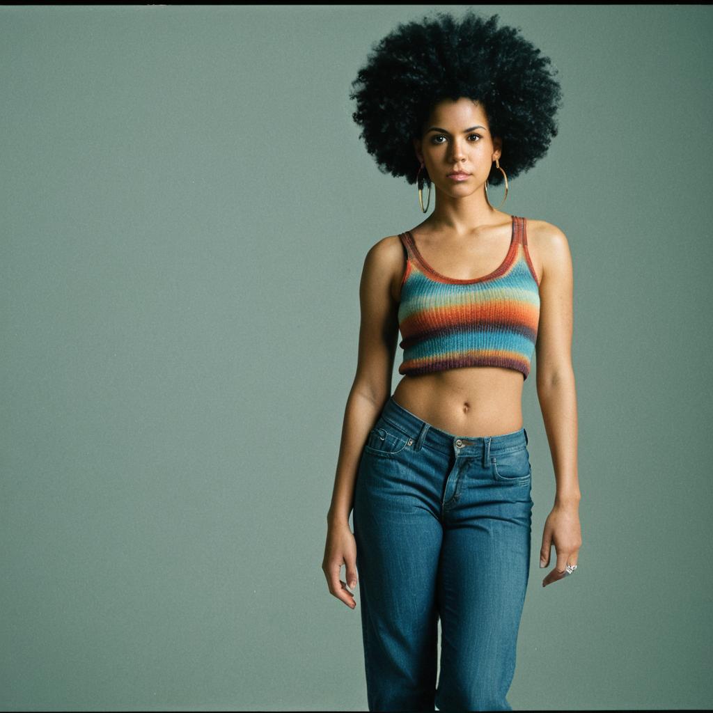 Young Woman in Colorful Crop Top and Jeans with Afro Hairstyle