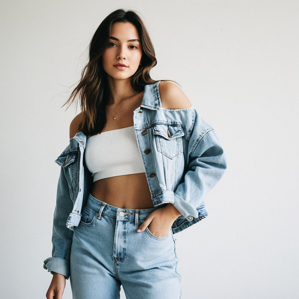 Confident Woman in Denim Jacket and Cropped Top