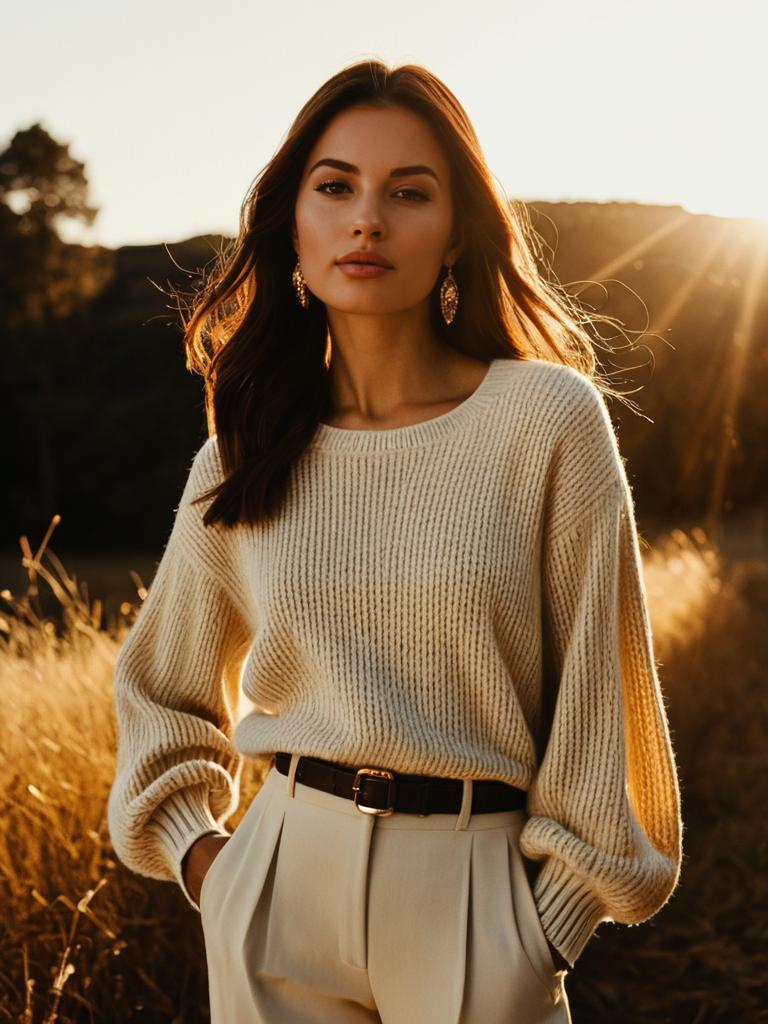 Stylish Woman in Cream Sweater and Beige Trousers in Golden Hour Light