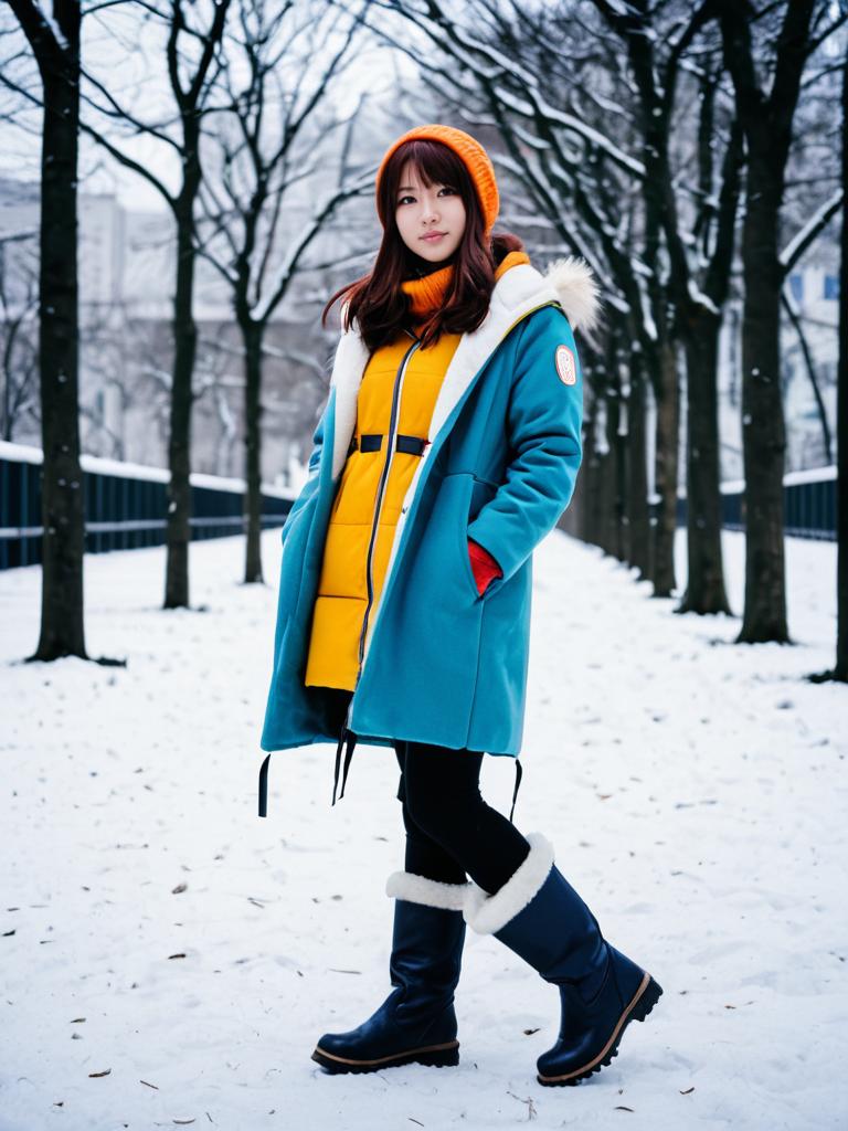 Woman in Uraraka Winter Costume Full Body Cosplay Photo with Coat and Boots