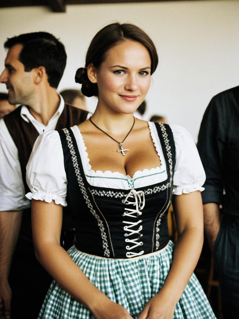 Young Woman in Traditional Oktoberfest Dirndl Dress