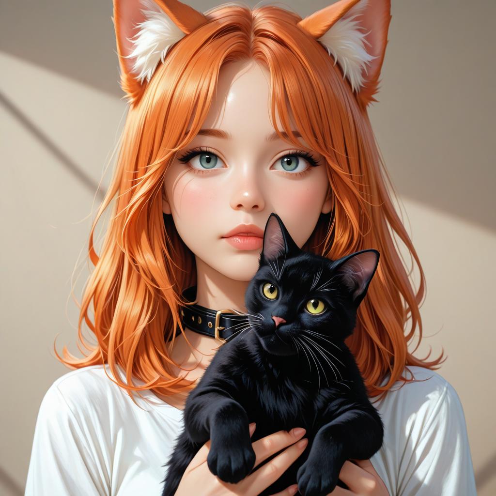 Young Woman with Cat Ears and Black Cat