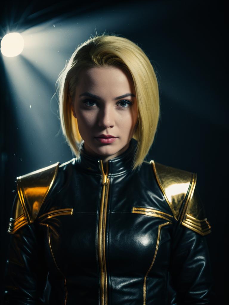 Realistic Android 18 Cosplay Woman in Black and Gold Costume