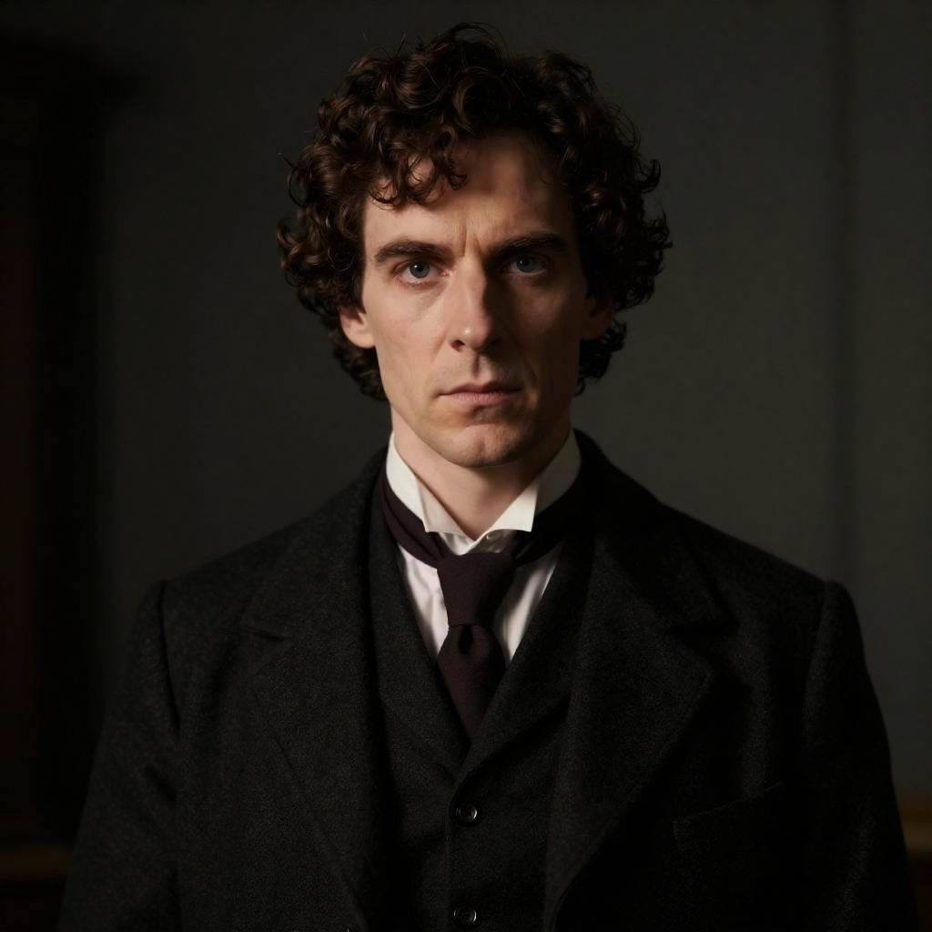 Portrait of Man in Vintage Dark Suit with Curly Hair