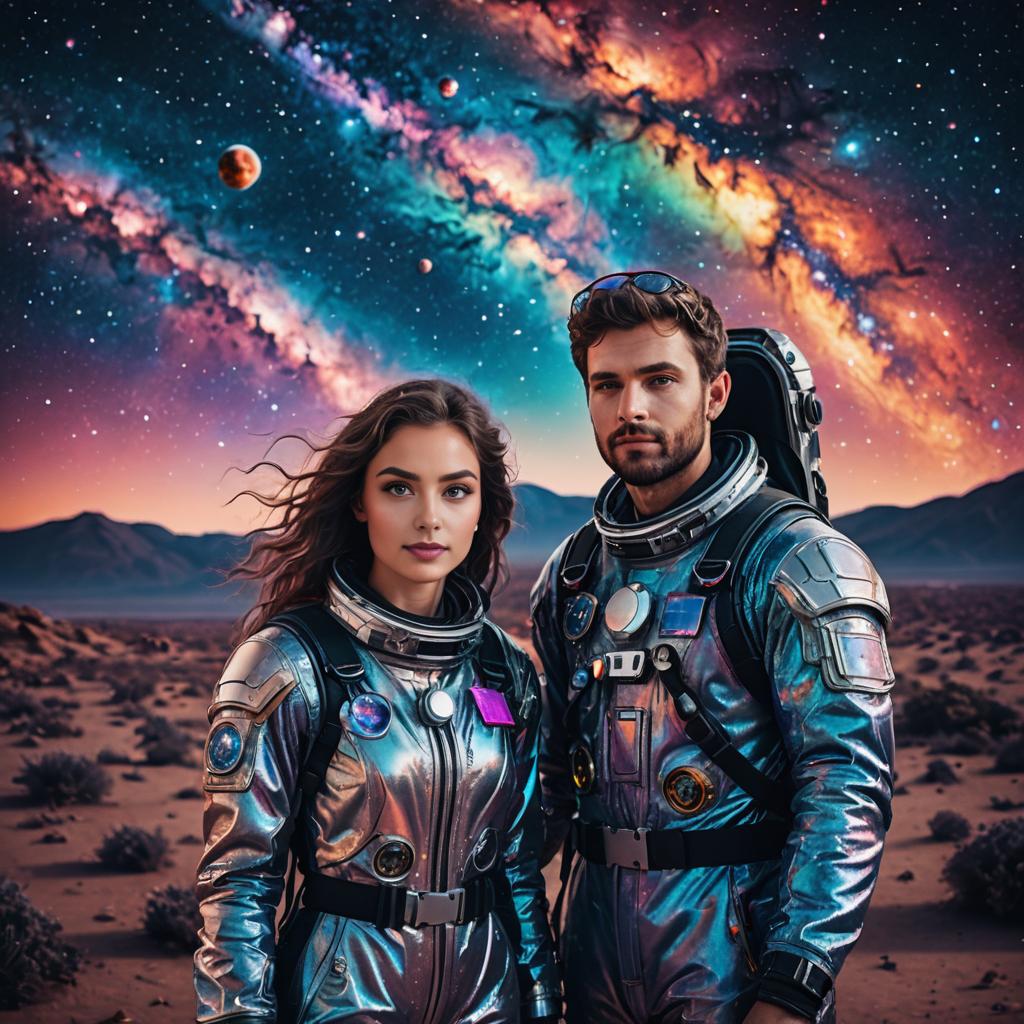 Astronaut Couple in Cosmic Background