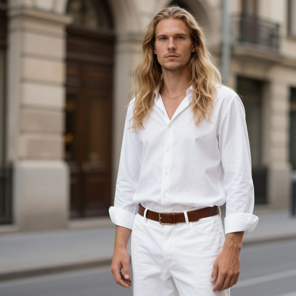 Stylish Man in White Outfit with Long Blonde Hair Urban Portrait