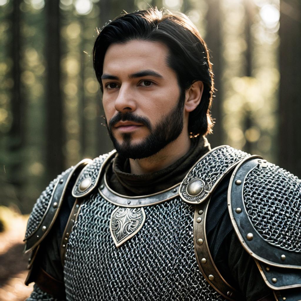 Serious Man in Medieval Chainmail Armor in Forest