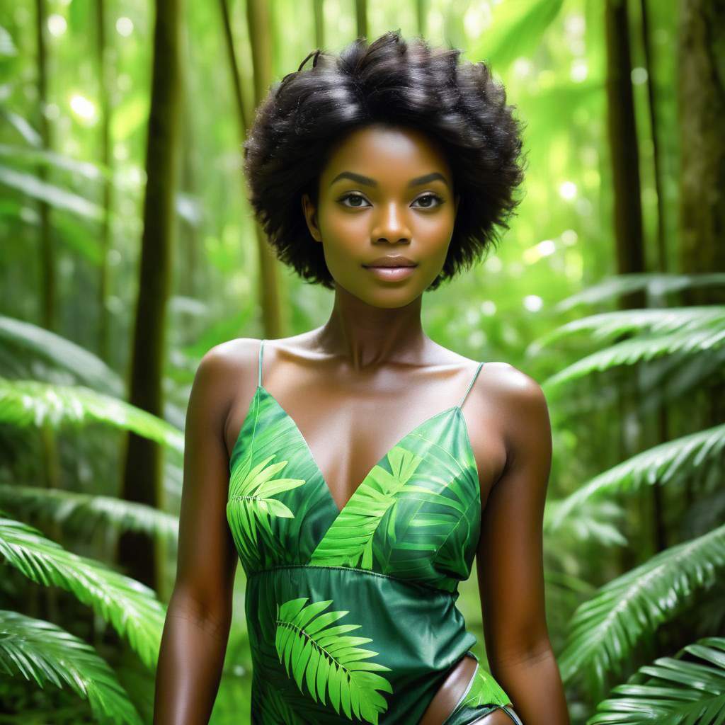 Confident Woman in Tropical Dress Among Green Foliage