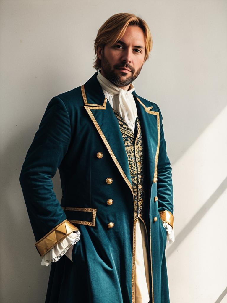 Man in Sir Arthur Cosplay Costume Wearing Elegant 18th Century Inspired Outfit