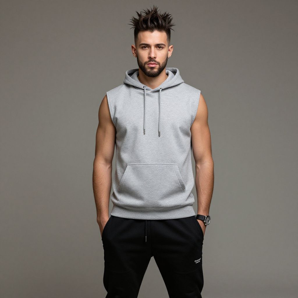 Young Man in Sleeveless Gray Hoodie and Black Joggers Standing Against Gray Background