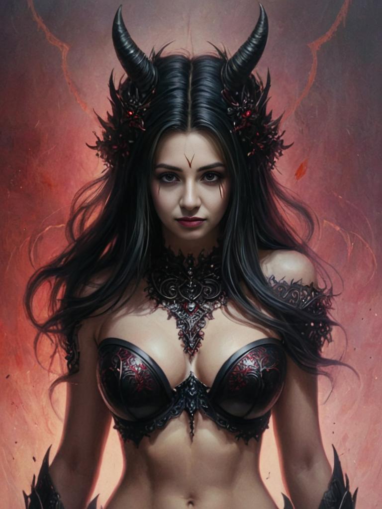 Gothic Woman with Horned Headgear and Dark Armor