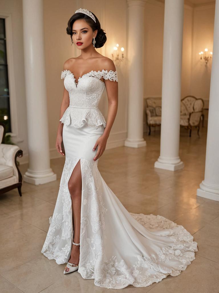 Elegant Woman in Off-the-Shoulder White Lace Bridal Gown