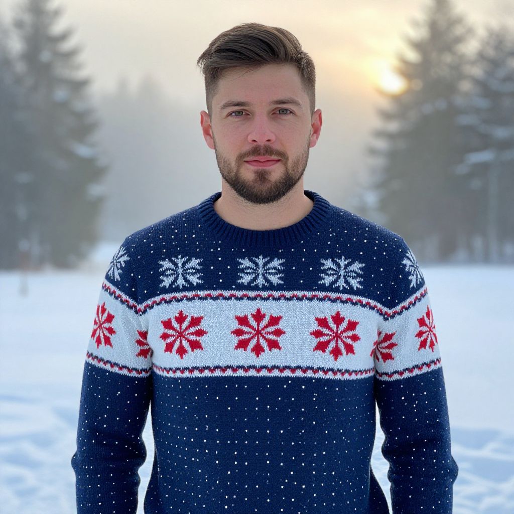 Man Wearing Snowflake Sweater in Snowy Winter Landscape