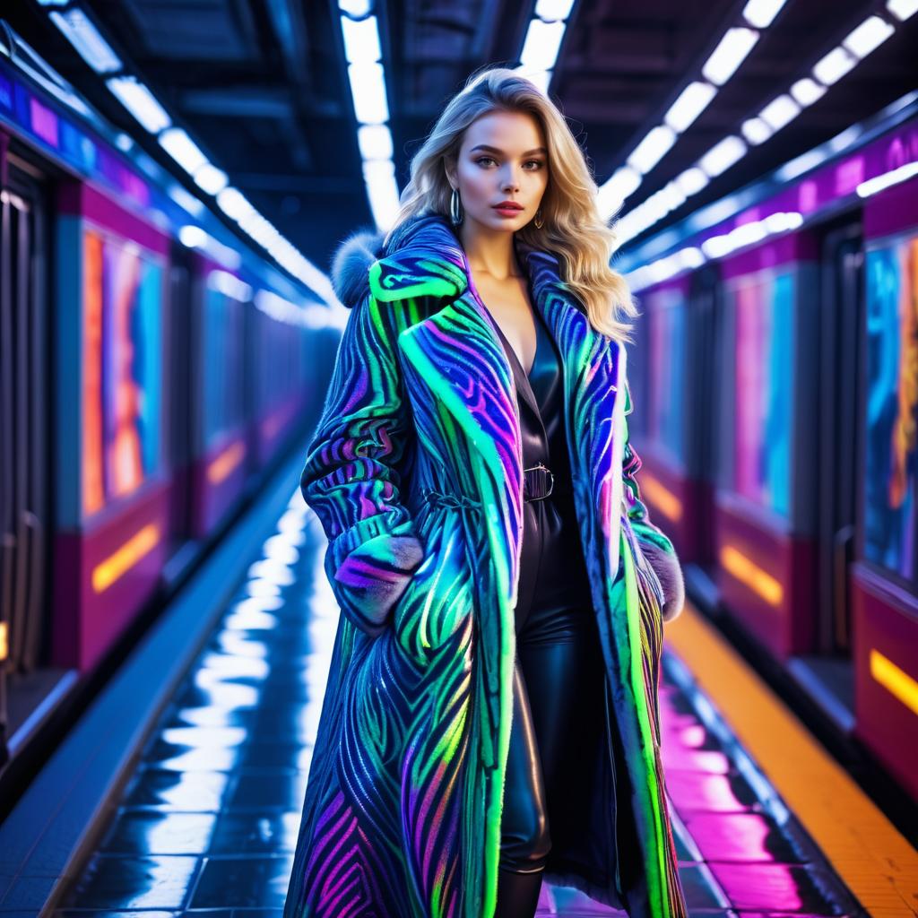 Stylish Woman in Neon Coat at Subway Station