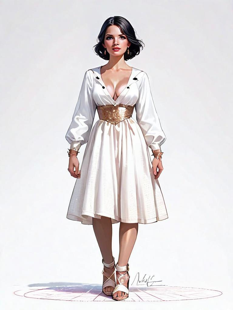 Realistic Digital Illustration of Woman in White Dress Full Body Shot