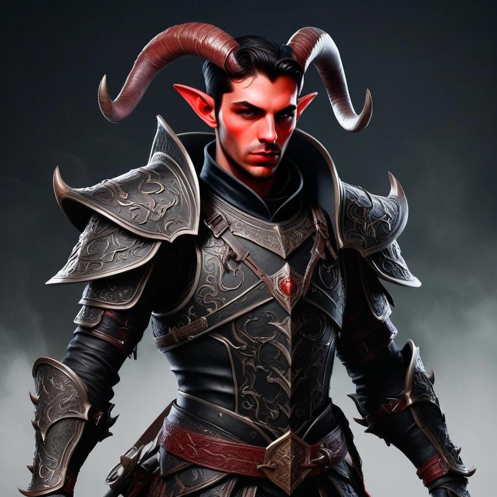 Fantasy Warrior with Red Skin and Horns in Dark Armor