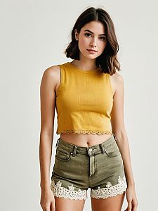 Young Woman in Mustard Crop Top and Olive Lace Trim Shorts