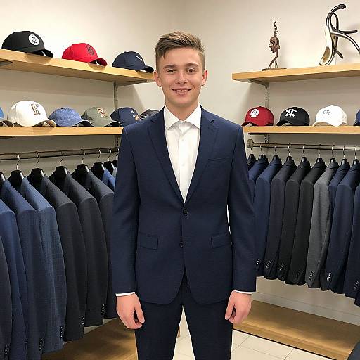 Young Man in Navy Blue Suit Standing in Formal Wear Store with Jackets and Caps