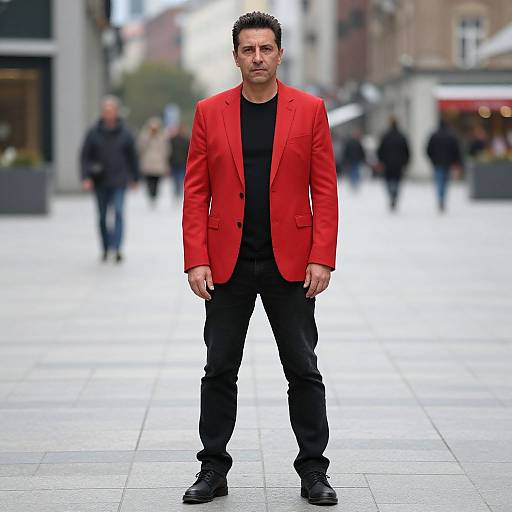 Man in Red Blazer Standing in Urban Pedestrian Street
