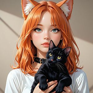 Young Woman with Cat Ears and Black Cat