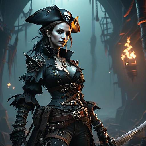 Fierce Woman Pirate in Detailed Tattered Costume on Dark Ship Interior