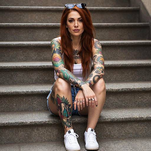 Red-Haired Tattooed Woman Sitting on Steps in Casual Outfit