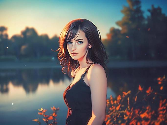 Young Woman by Lake at Sunset with Warm Lighting
