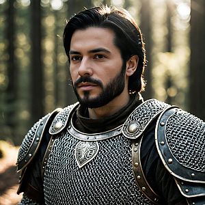 Serious Man in Medieval Chainmail Armor in Forest