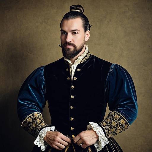 Renaissance Man in Embroidered Velvet Costume with Top Knot Hairstyle