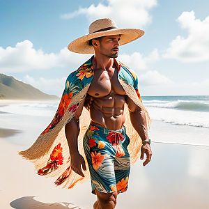 Muscular Man on Tropical Beach in Floral Shorts