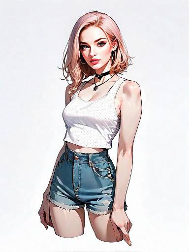 Realistic Comic Style Woman in White Crop Top and Denim Shorts
