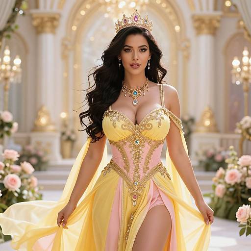 Elegant Woman in Royal Yellow Pink Gown and Crown in Opulent Palace
