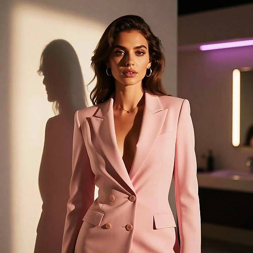 Confident Woman in Pink Blazer with Neon Light Shadow