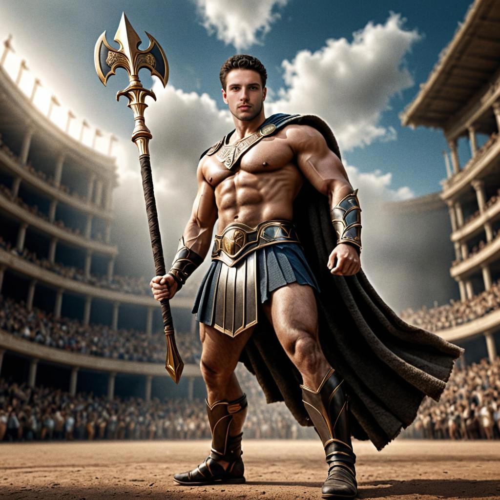 Muscular Gladiator in Arena with Spear