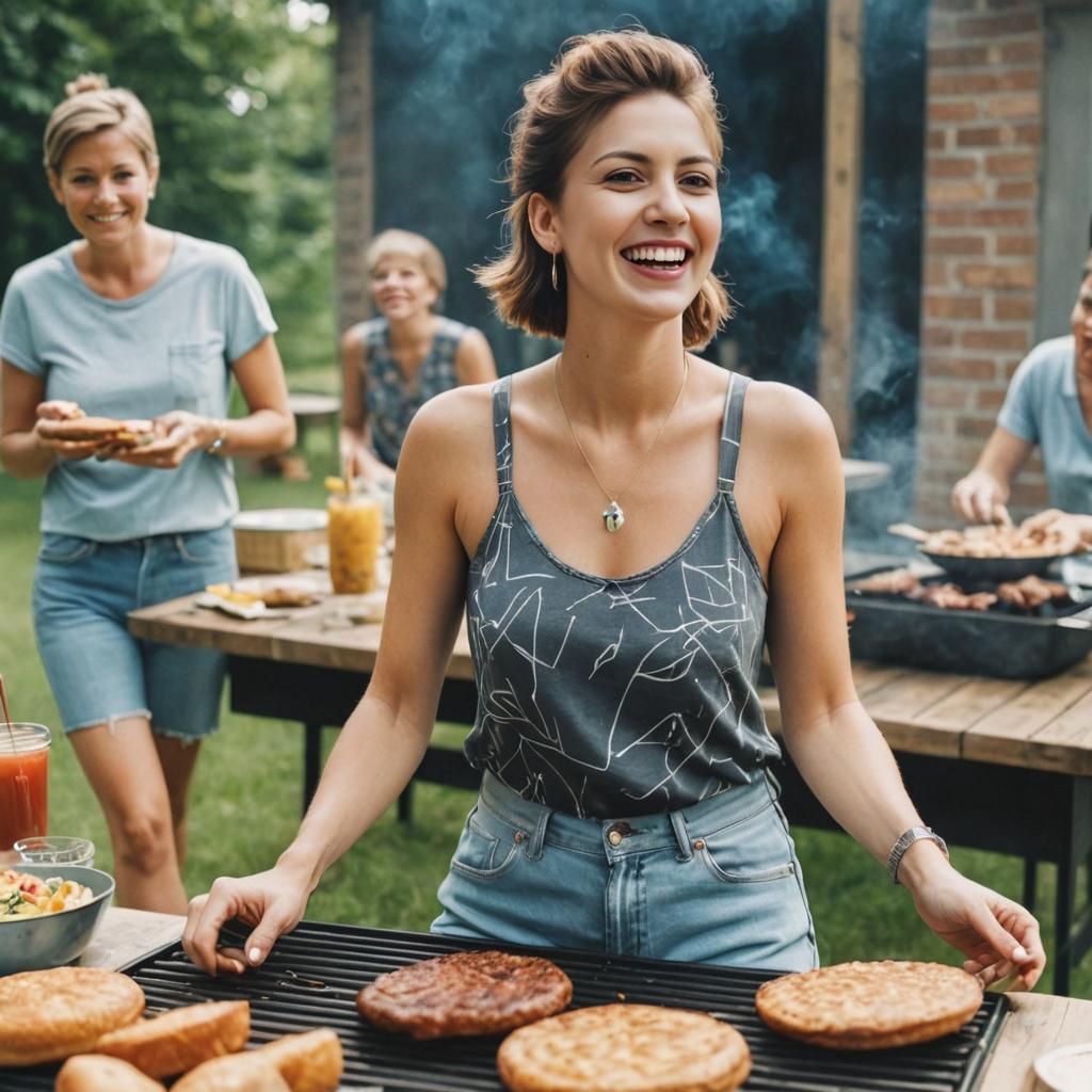 Joyful Woman Grilling Outdoors with Friends