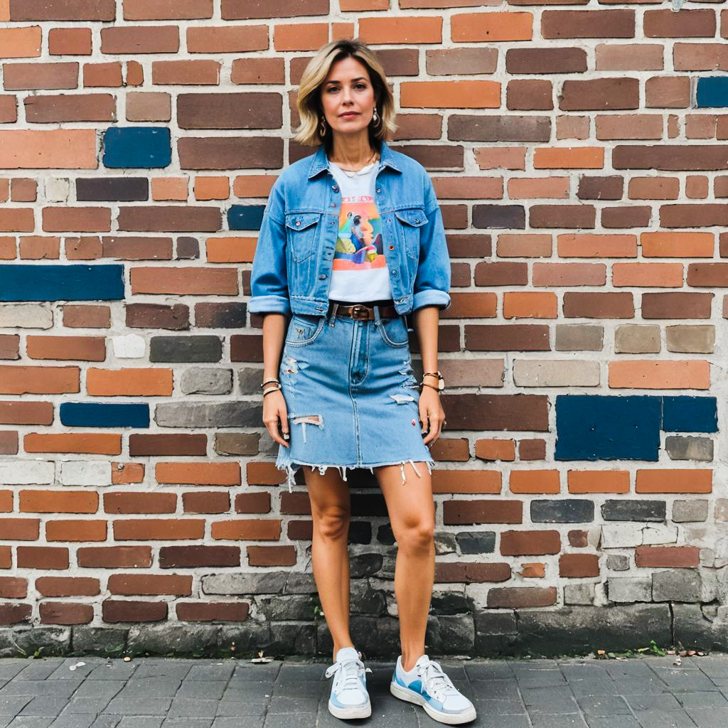 Fashionable Woman in Denim Outfit Against Brick Wall