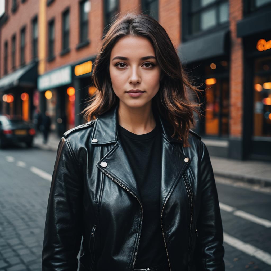 Confident Woman in Black Leather Jacket on City Street