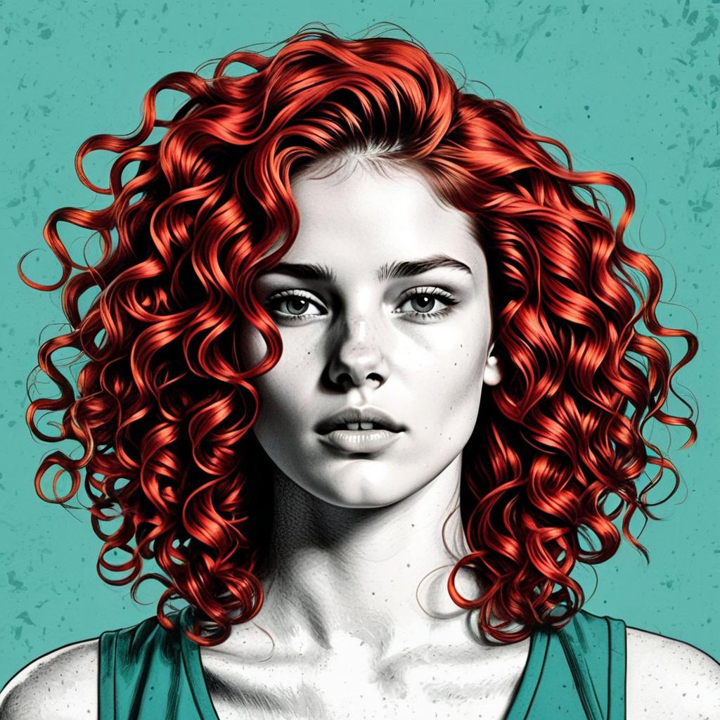 Digital Portrait of Woman with Curly Red Hair on Teal Background